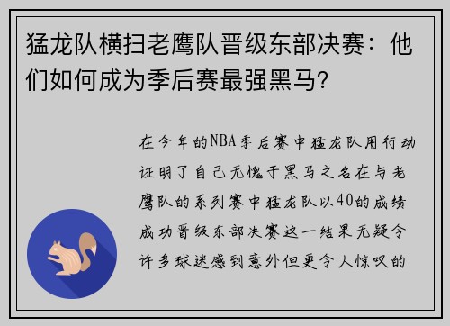 猛龙队横扫老鹰队晋级东部决赛：他们如何成为季后赛最强黑马？